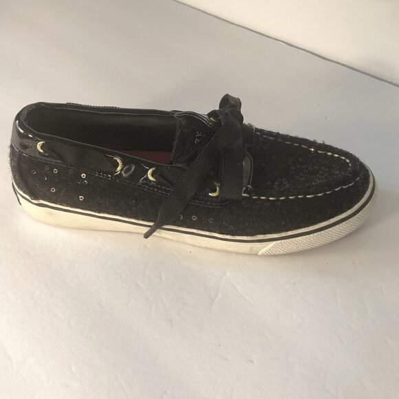 Sperry SZ 6.5 Black wool sequin covered top sider deck shoes - Picture 2 of 5
